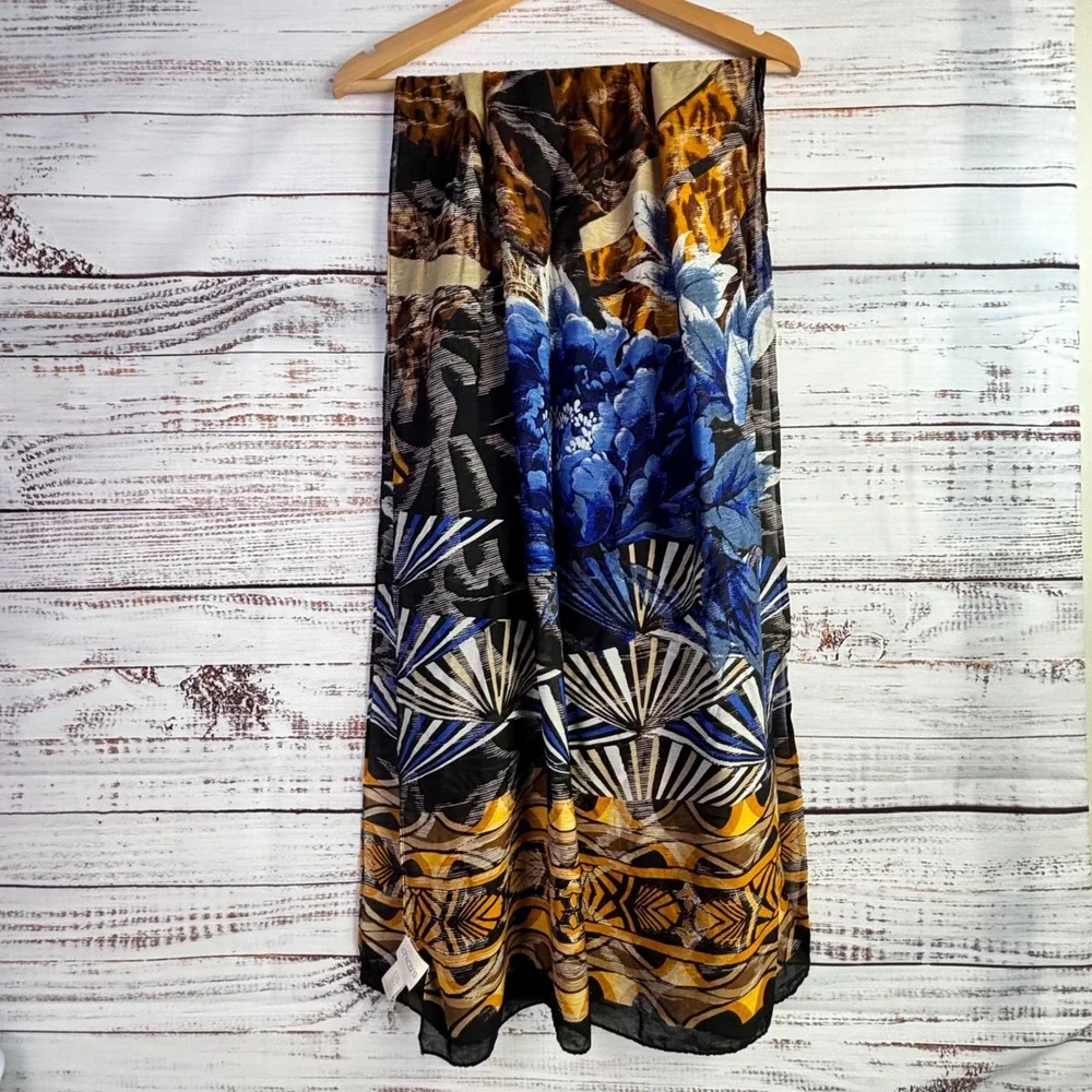 Bohemian Silk/Rayon Eclectic Scarf/Wrap‎ Chico's Floral Cobalt Blue Yellow Gold